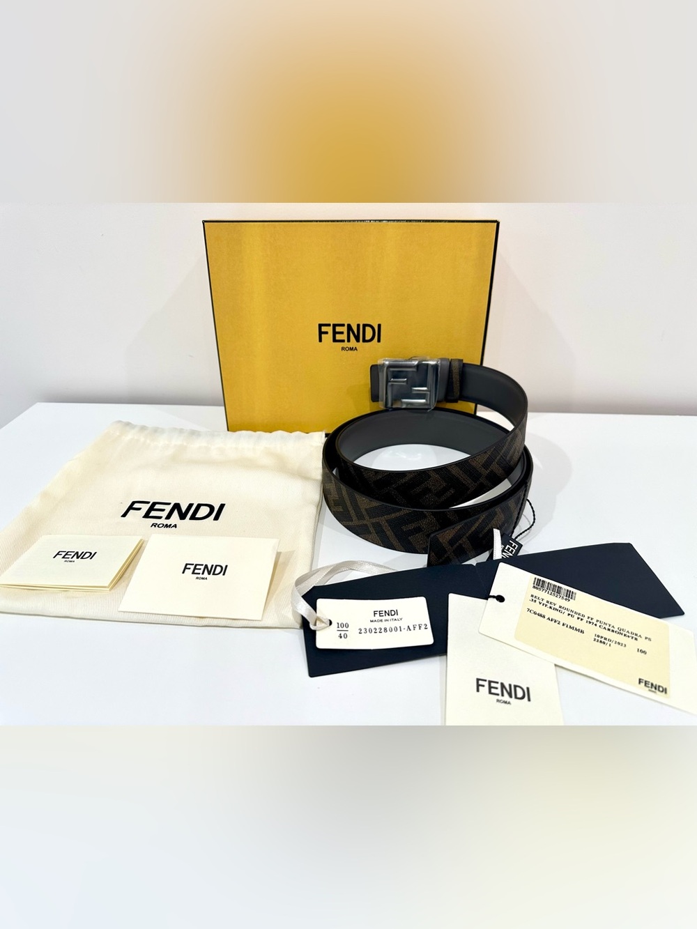 Fendi Reversible Grey/Brown Leather Belt FF Buckle|Size 100/40 New with Tags+Box